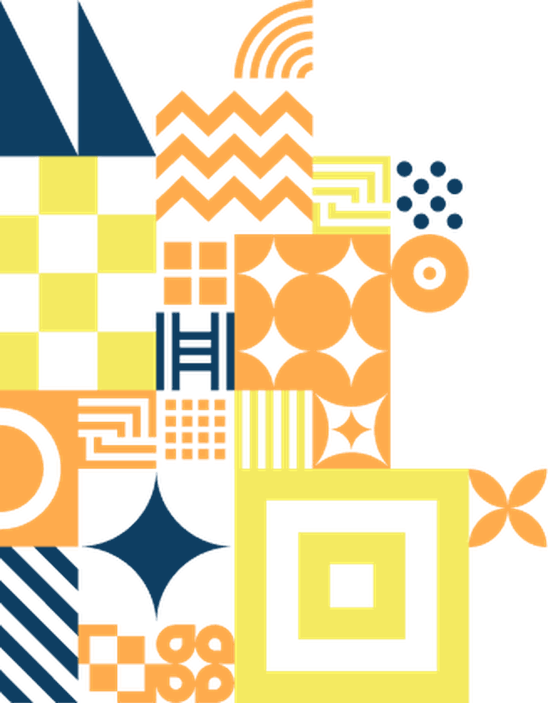 Fundo com padrões de formas geométricos minmalista, com as cores principais laranja, azul e amarelo.