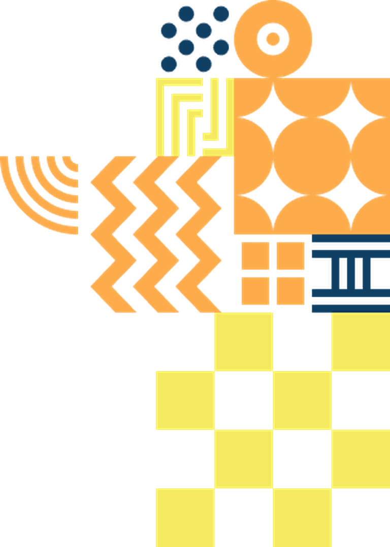 Fundo com padrões de formas geométricos minmalista, com as cores principais laranja, azul e amarelo.